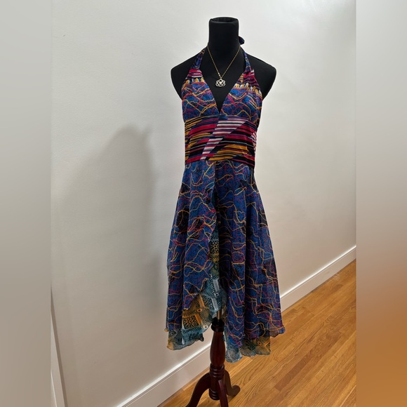 715. Multicolor Halter 100% Silk Midi Layer Dress - Picture 2 of 5